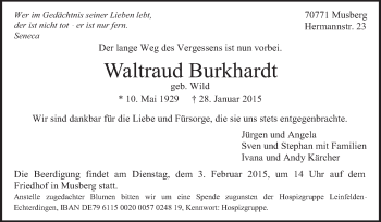 Traueranzeige von Waltraud Burkhardt von Stuttgarter Zeitung / Stuttgarter Nachrichten