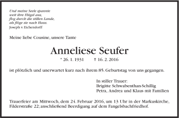 Traueranzeige von Anneliese Seufer von Stuttgarter Zeitung / Stuttgarter Nachrichten