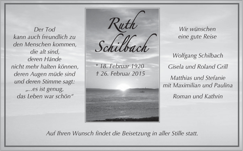  Traueranzeige für Ruth Schilbach vom 28.02.2015 aus Stuttgarter Zeitung / Stuttgarter Nachrichten