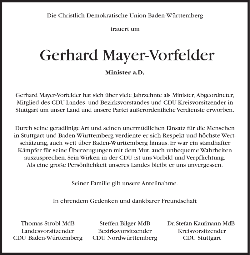  Traueranzeige für Gerhard Mayer-Vorfelder vom 20.08.2015 aus Stuttgarter Zeitung / Stuttgarter Nachrichten