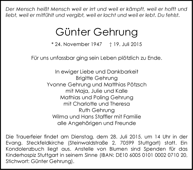  Traueranzeige für Günter Gehrung vom 24.07.2015 aus Stuttgarter Zeitung / Stuttgarter Nachrichten