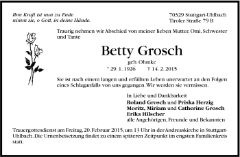 Traueranzeige von Betty Grosch von Stuttgarter Zeitung / Stuttgarter Nachrichten