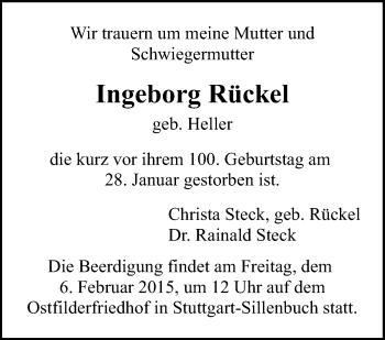 Traueranzeige von Ingeborg Rückel von Stuttgarter Zeitung / Stuttgarter Nachrichten