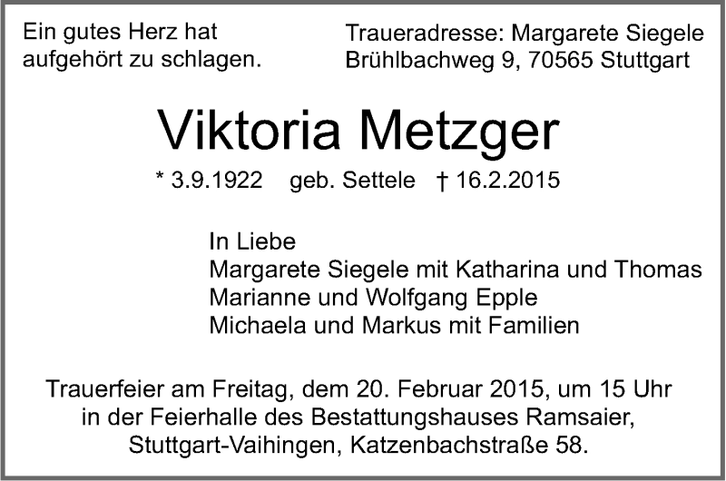  Traueranzeige für Viktoria Metzger vom 18.02.2015 aus Stuttgarter Zeitung / Stuttgarter Nachrichten
