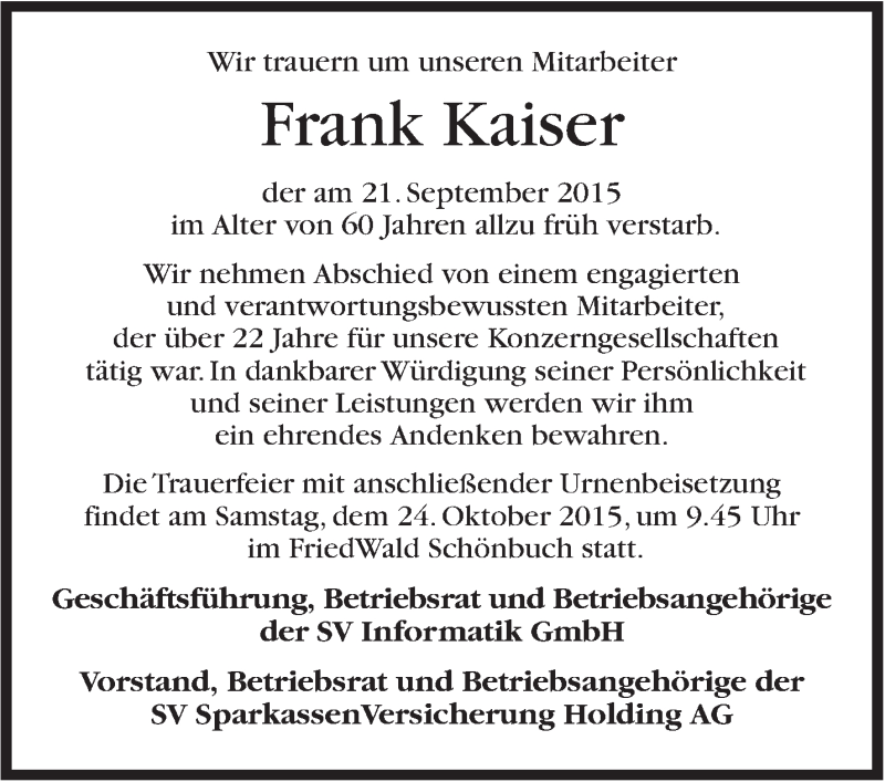  Traueranzeige für Frank Kaiser vom 01.10.2015 aus Stuttgarter Zeitung / Stuttgarter Nachrichten