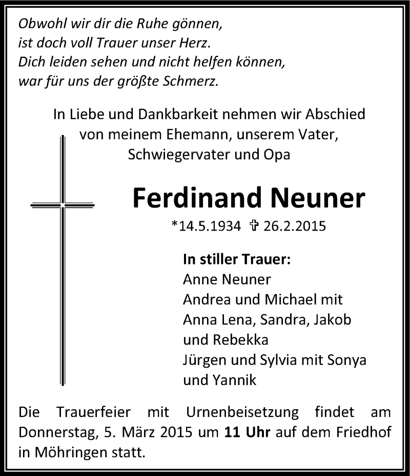  Traueranzeige für Ferdinand Neuner vom 03.03.2015 aus Stuttgarter Zeitung / Stuttgarter Nachrichten