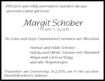 Traueranzeige von Margit Schober von Stuttgarter Zeitung / Stuttgarter Nachrichten
