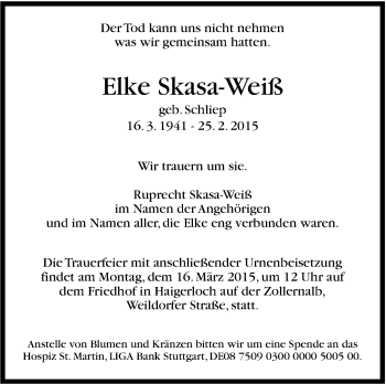 Traueranzeige von Elke Skasa-Weiß von Stuttgarter Zeitung / Stuttgarter Nachrichten
