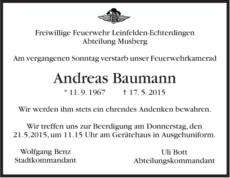  Traueranzeige für Andreas Baumann vom 20.05.2015 aus Stuttgarter Zeitung / Stuttgarter Nachrichten