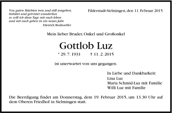 Traueranzeige von Gottlob Luz von Stuttgarter Zeitung / Stuttgarter Nachrichten