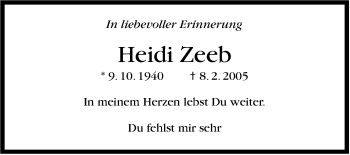 Traueranzeige von Heidi Zeeb von Stuttgarter Zeitung / Stuttgarter Nachrichten