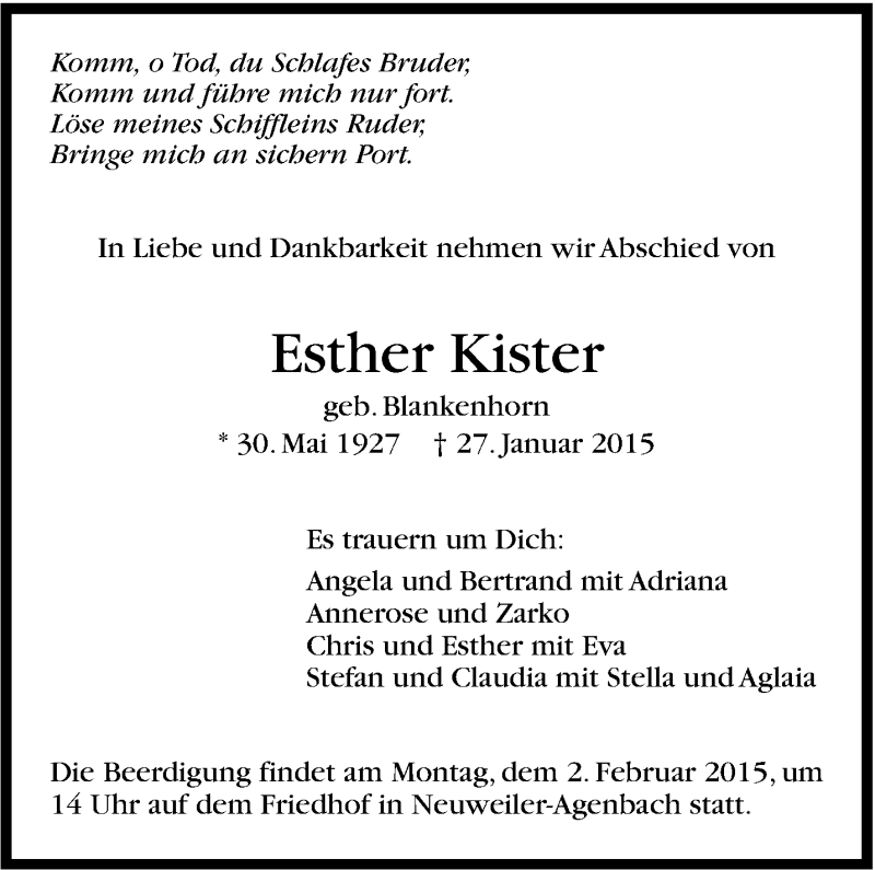  Traueranzeige für Esther Kister vom 30.01.2015 aus Stuttgarter Zeitung / Stuttgarter Nachrichten