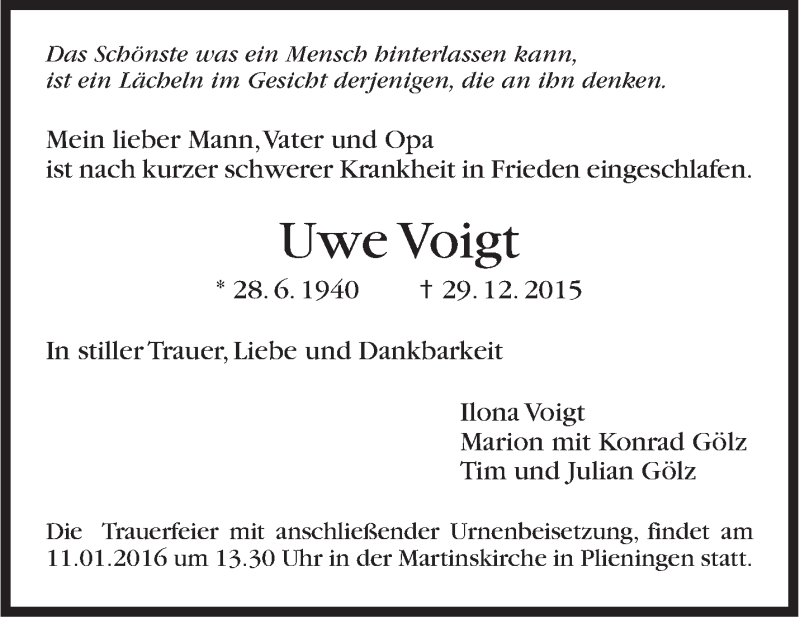  Traueranzeige für Uwe Voigt vom 08.01.2016 aus Stuttgarter Zeitung / Stuttgarter Nachrichten
