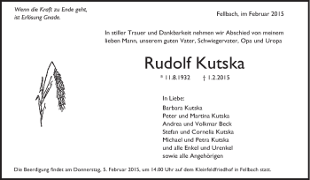 Traueranzeige von Rudolf Kutska von Stuttgarter Zeitung / Stuttgarter Nachrichten