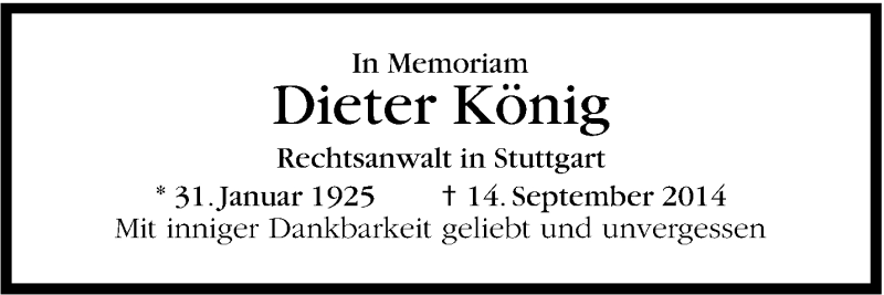  Traueranzeige für Dieter König vom 31.01.2015 aus Stuttgarter Zeitung / Stuttgarter Nachrichten
