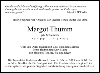 Traueranzeige von Margot Thumm von Stuttgarter Zeitung / Stuttgarter Nachrichten