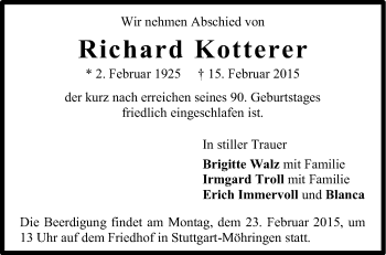 Traueranzeige von Richard Kotterer von Stuttgarter Zeitung / Stuttgarter Nachrichten