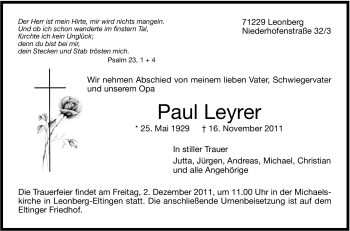 Traueranzeige von Paul Leyrer von Leonberger Kreiszeitung / Strohgäu Extra