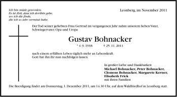 Traueranzeige von Gustav Bohnacker von Leonberger Kreiszeitung / Strohgäu Extra