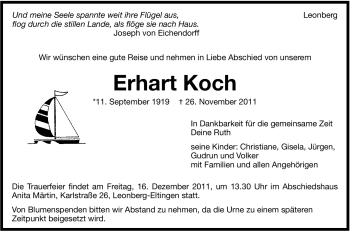 Traueranzeige von Erhart Koch von Leonberger Kreiszeitung / Strohgäu Extra