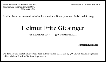 Traueranzeige von Helmut Fritz Geisinger von Leonberger Kreiszeitung / Strohgäu Extra