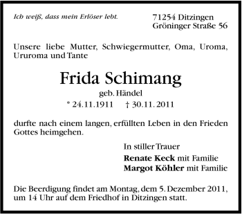 Traueranzeige von Frida Schimang von Leonberger Kreiszeitung / Strohgäu Extra