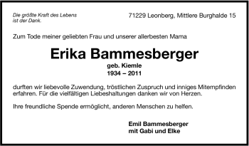 Traueranzeige von Erika Bammesberger von Leonberger Kreiszeitung / Strohgäu Extra