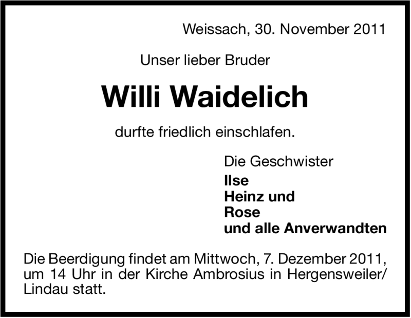  Traueranzeige für Willi Waidelich vom 03.12.2011 aus Leonberger Kreiszeitung / Strohgäu Extra