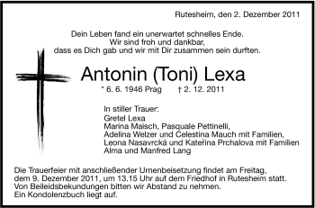 Traueranzeige von Antonin Lexa von Leonberger Kreiszeitung / Strohgäu Extra