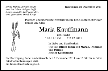 Traueranzeige von Maria Kauffmann von Leonberger Kreiszeitung / Strohgäu Extra