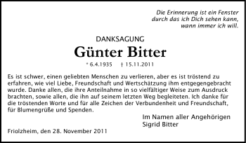 Traueranzeige von Günter Bitter von Leonberger Kreiszeitung / Strohgäu Extra