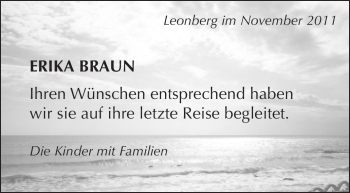Traueranzeige von Erika Braun von Leonberger Kreiszeitung / Strohgäu Extra