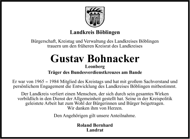  Traueranzeige für Gustav Bohnacker vom 29.11.2011 aus Leonberger Kreiszeitung / Strohgäu Extra