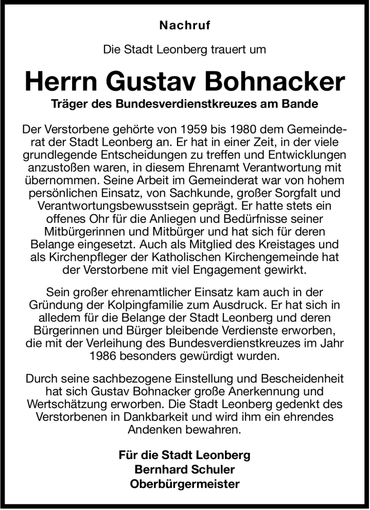  Traueranzeige für Gustav Bohnacker vom 29.11.2011 aus Leonberger Kreiszeitung / Strohgäu Extra