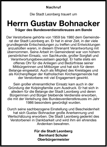 Traueranzeige von Gustav Bohnacker von Leonberger Kreiszeitung / Strohgäu Extra