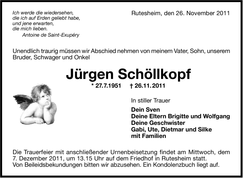  Traueranzeige für Jürgen Schöllkopf vom 30.11.2011 aus Leonberger Kreiszeitung / Strohgäu Extra