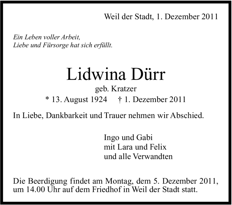  Traueranzeige für Lidwina Dürr vom 03.12.2011 aus Leonberger Kreiszeitung / Strohgäu Extra