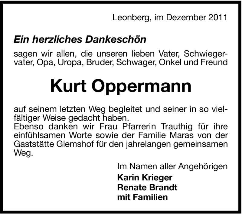  Traueranzeige für Kurt Oppermann vom 03.12.2011 aus Leonberger Kreiszeitung / Strohgäu Extra
