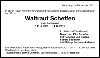 Traueranzeige von Waltraud Scheffen von Leonberger Kreiszeitung / Strohgäu Extra