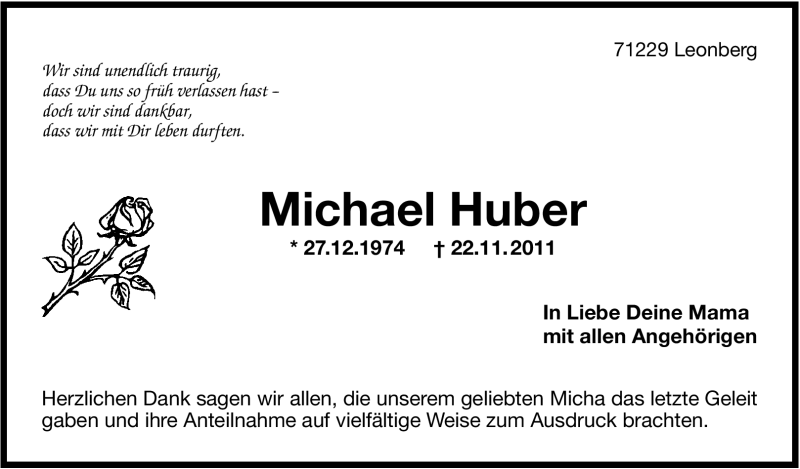  Traueranzeige für Michael Huber vom 07.12.2011 aus Leonberger Kreiszeitung / Strohgäu Extra