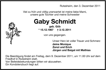 Traueranzeige von Gaby Schmidt von Leonberger Kreiszeitung / Strohgäu Extra