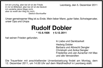Traueranzeige von Rudolf Dobler von Leonberger Kreiszeitung / Strohgäu Extra