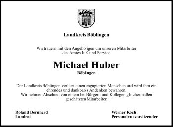 Traueranzeige von Michael Huber von Leonberger Kreiszeitung / Strohgäu Extra