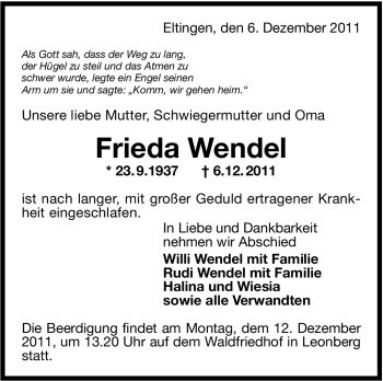 Traueranzeige von Frieda Wendel von Leonberger Kreiszeitung / Strohgäu Extra