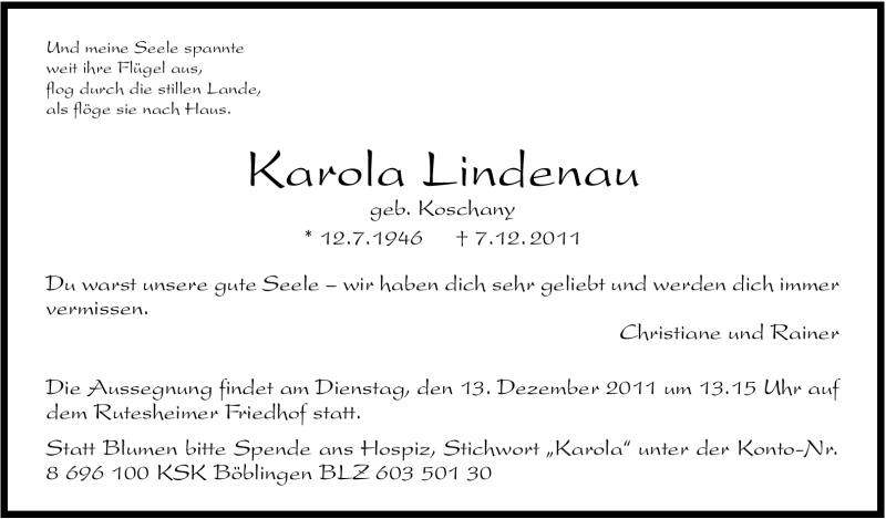  Traueranzeige für Karola Lindenau vom 09.12.2011 aus Leonberger Kreiszeitung / Strohgäu Extra