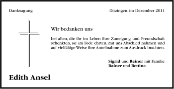 Traueranzeige von Edith Ansel von Leonberger Kreiszeitung / Strohgäu Extra
