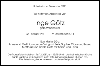 Traueranzeige von Inge Götz von Leonberger Kreiszeitung / Strohgäu Extra