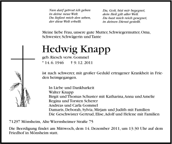 Traueranzeige von Hedwig Knapp von Leonberger Kreiszeitung / Strohgäu Extra