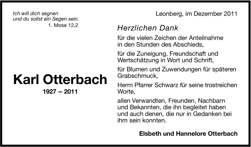  Traueranzeige für Karl Otterbach vom 15.12.2011 aus Leonberger Kreiszeitung / Strohgäu Extra