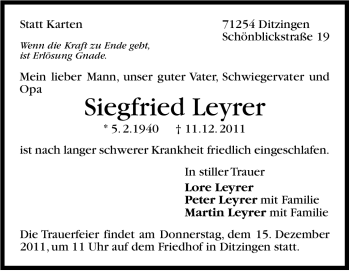 Traueranzeige von Siegfried Leyrer von Leonberger Kreiszeitung / Strohgäu Extra